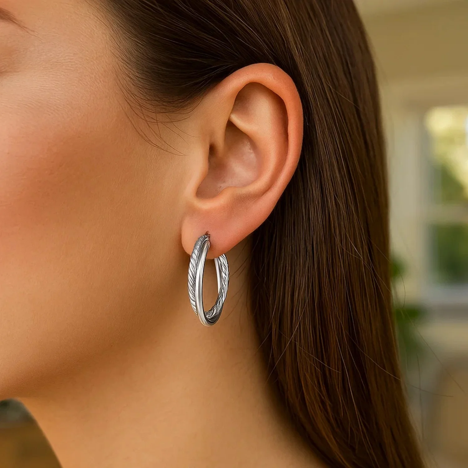 Sterling Silver Ridged Hoop Earrings with Textured Design - Image 3