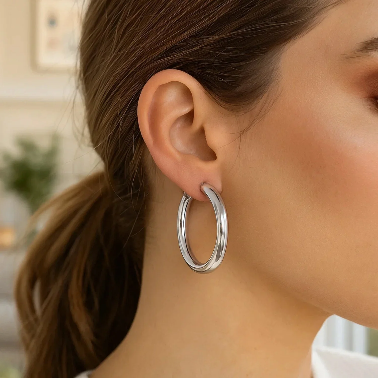 Sterling Silver Thick Rhodium Plated Polished Hoop Earrings (4x35mm) - Image 2