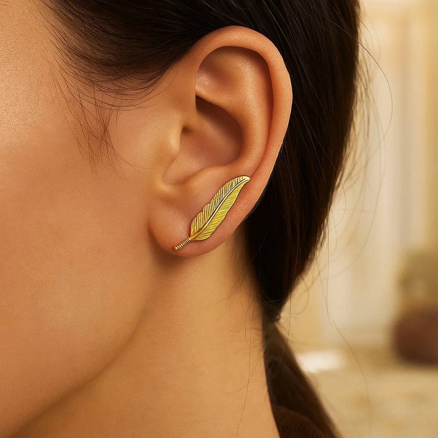 Textured Feather Climber Earrings in 14k Yellow Gold - Image 2