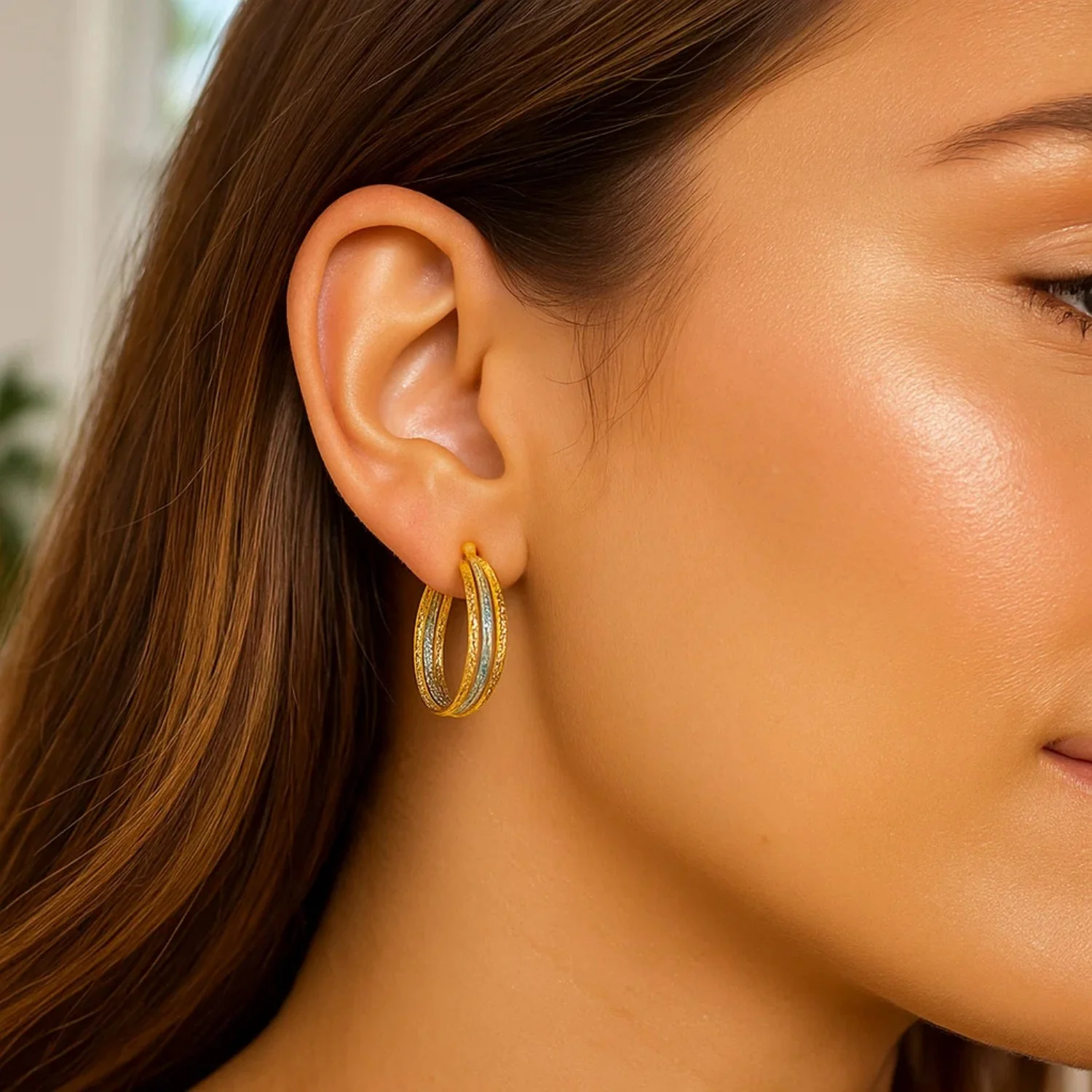 Three Part Textured Hoop Earrings in 14k Yellow and White Gold - Image 2
