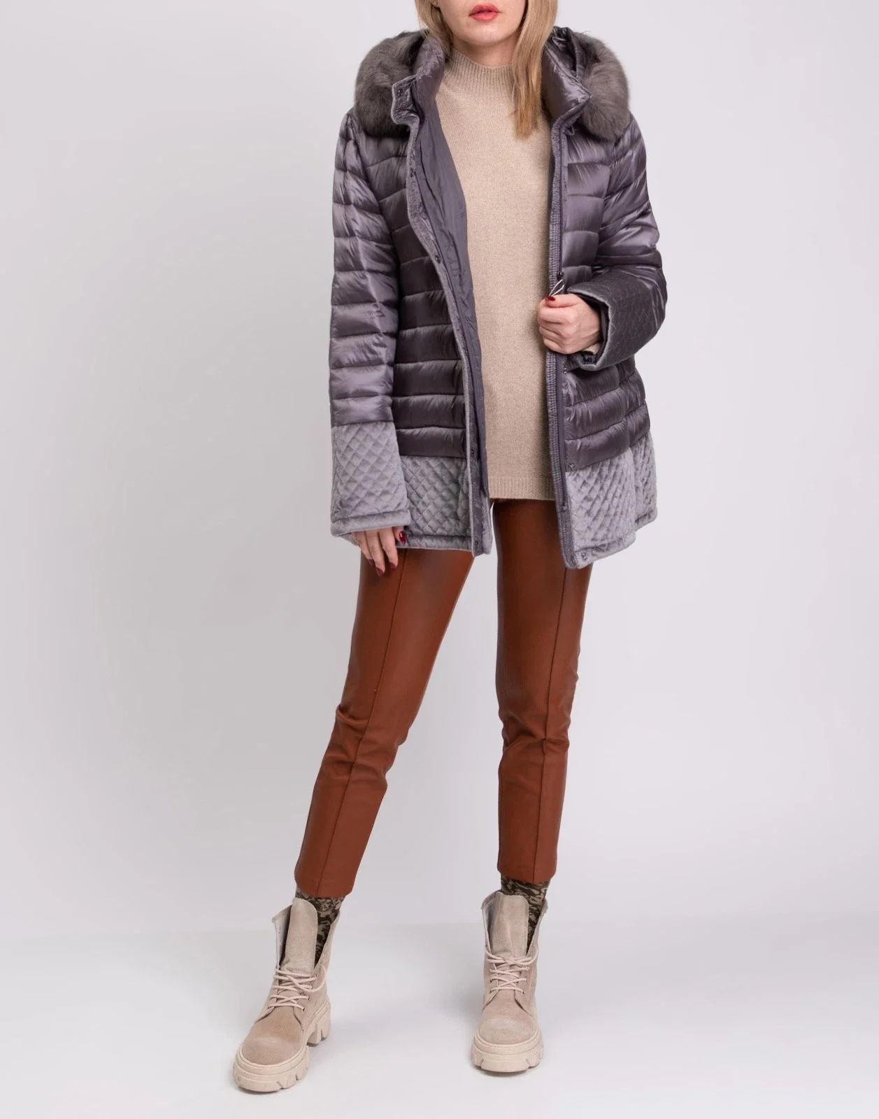 Toy G Quilted Hooded Jacket with Velour Trim – Grey - Image 2