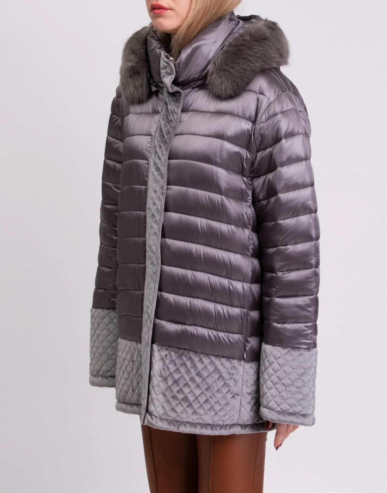 Toy G Quilted Hooded Jacket with Velour Trim – Grey - Image 3
