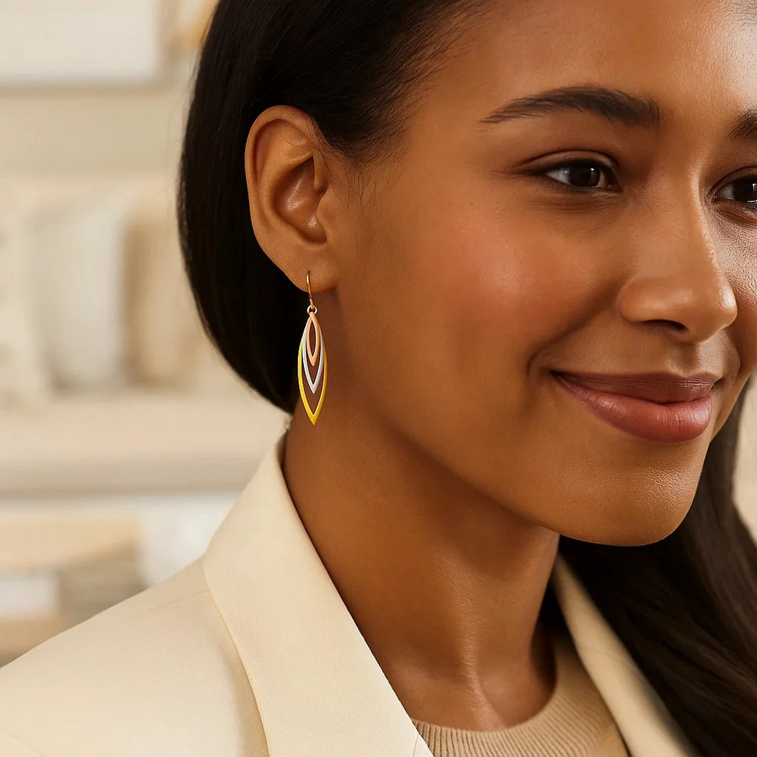Tri-Tone Graduated Open Marquise Earrings in 10k Yellow,  White,  and Rose Gold - Image 2