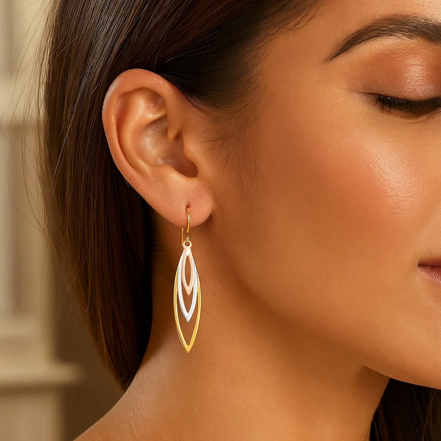 Tri-Tone Graduated Open Marquise Earrings in 10k Yellow,  White,  and Rose Gold - Image 3