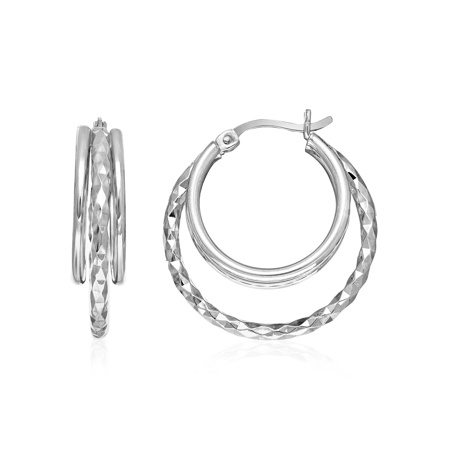 Two-Part Graduated Polished-Textured Hoop Earrings in Sterling Silver