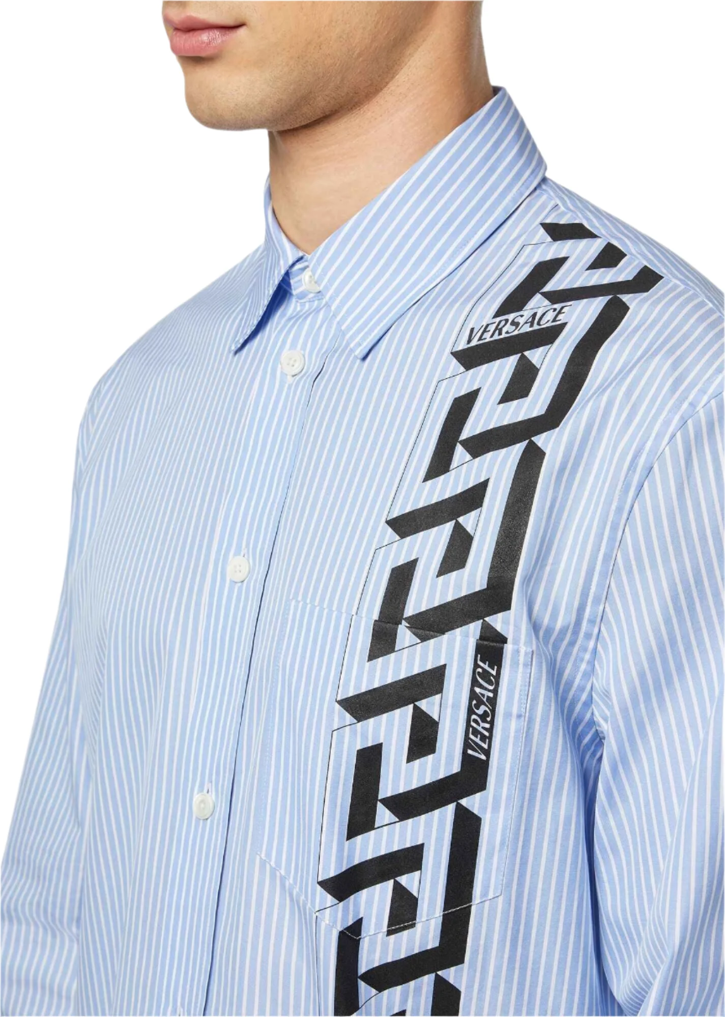 Versace White-Blue La Greca Striped Shirt - Image 4