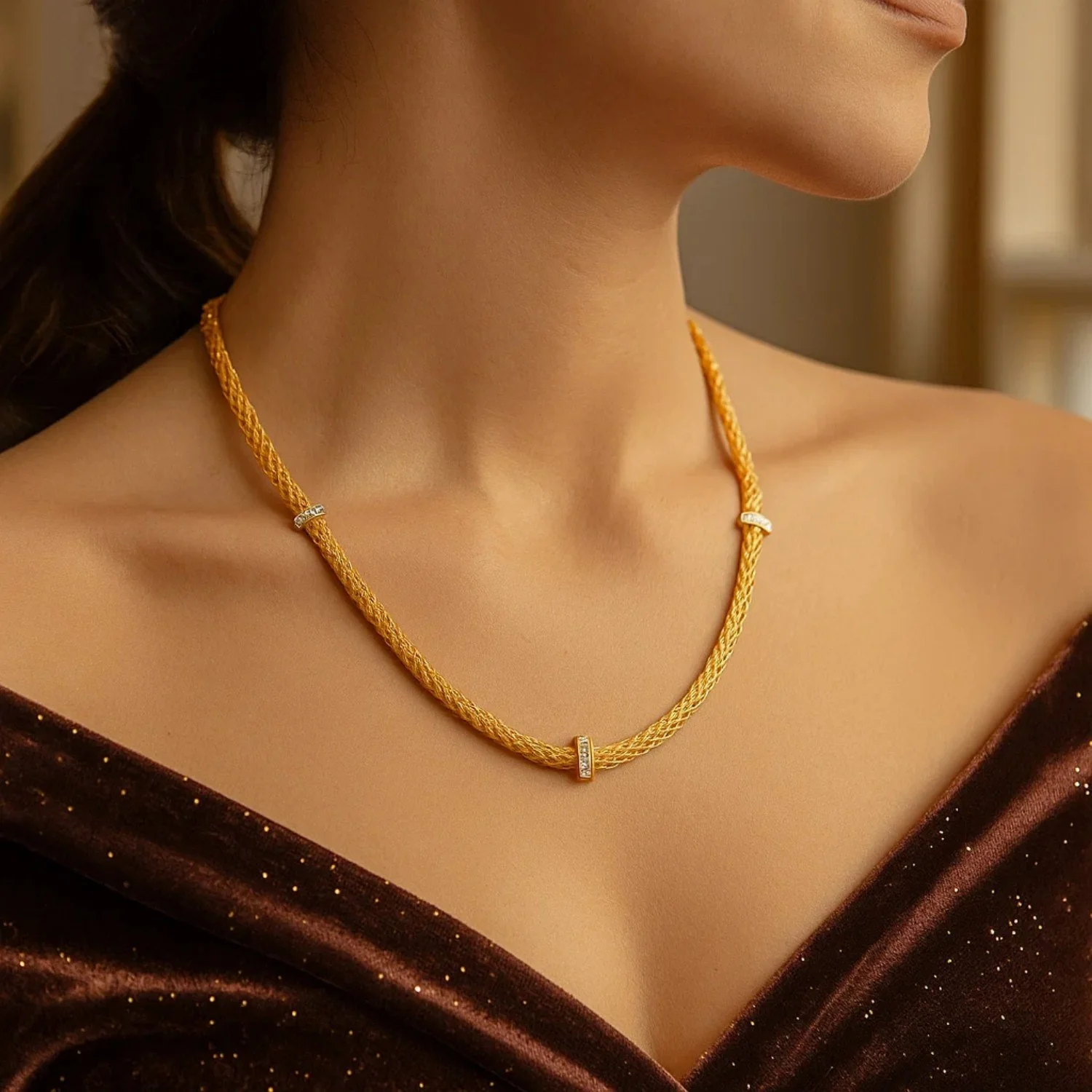 Woven Rope Necklace with Diamond Accents in 14k Yellow Gold - Image 4